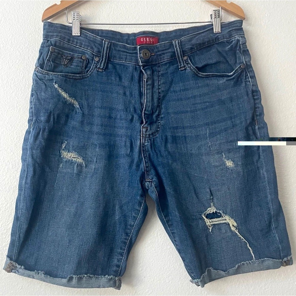 GUESS Men's Blue Medium Wash Distressed Denim Shorts Button Fly 5-Pocket